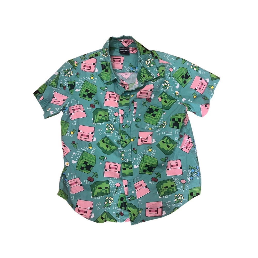 Minecraft Boys Short Sleeve Button Down Shirt Teal Creeper Pig Print Size M 6/7